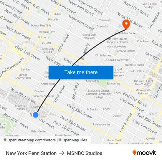 New York Penn Station to MSNBC Studios map