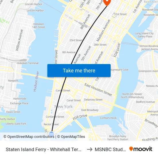 Staten Island Ferry - Whitehall Terminal to MSNBC Studios map