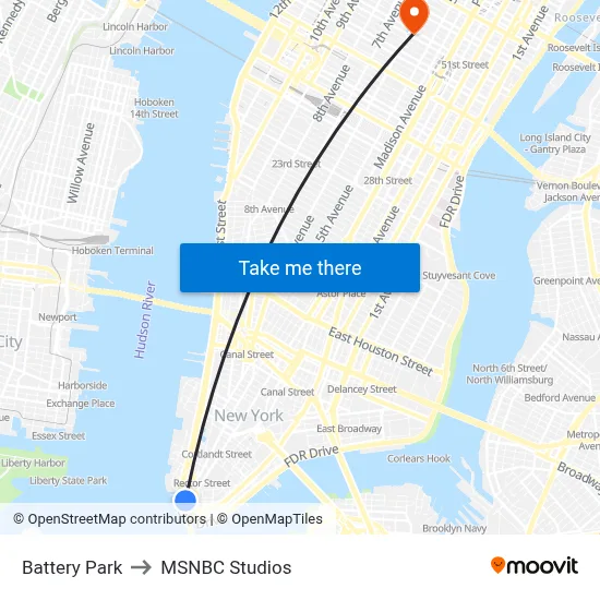 Battery Park to MSNBC Studios map
