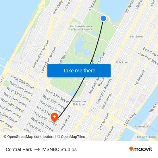 Central Park to MSNBC Studios map