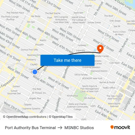 Port Authority Bus Terminal to MSNBC Studios map