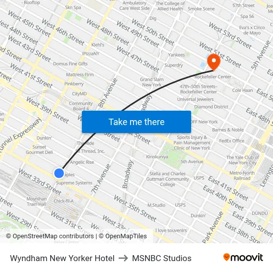 Wyndham New Yorker Hotel to MSNBC Studios map