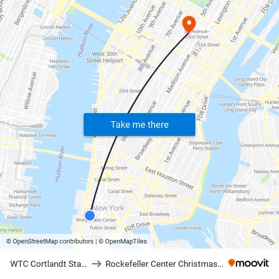 WTC Cortlandt Station to Rockefeller Center Christmas Tree map