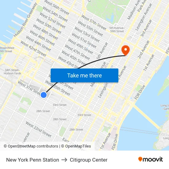 New York Penn Station to Citigroup Center map