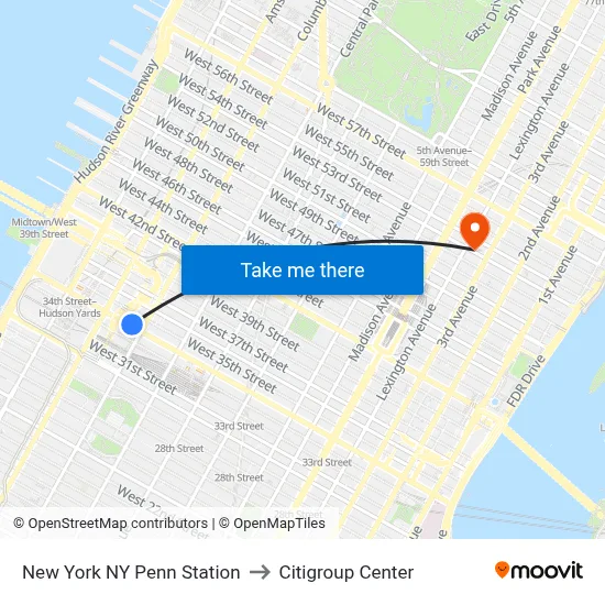 New York NY Penn Station to Citigroup Center map
