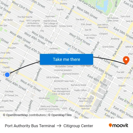 Port Authority Bus Terminal to Citigroup Center map