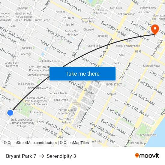 Bryant Park 7 to Serendipity 3 map