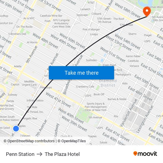 Penn Station to The Plaza Hotel map