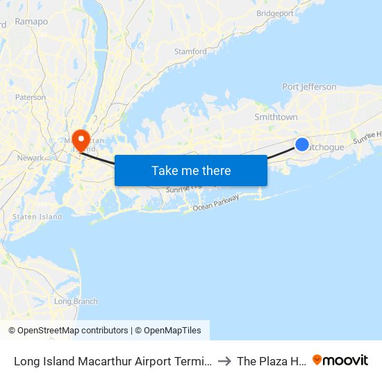 Long Island Macarthur Airport Terminal (Isp) to The Plaza Hotel map