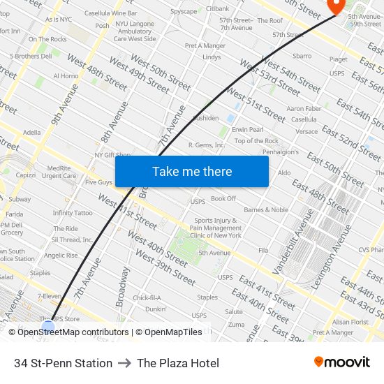 34 St-Penn Station to The Plaza Hotel map