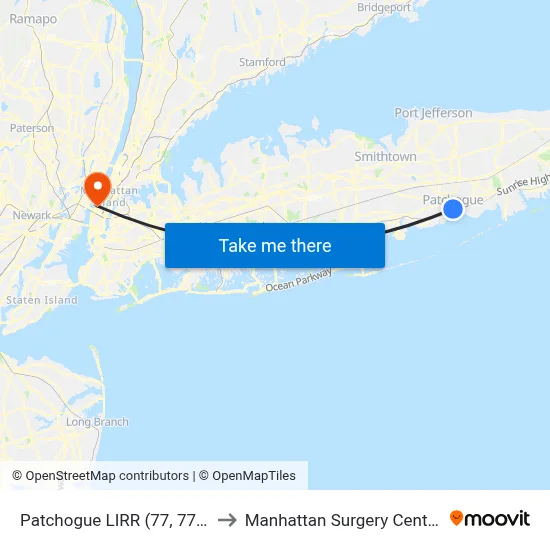 Patchogue LIRR (77, 77y) to Manhattan Surgery Center map