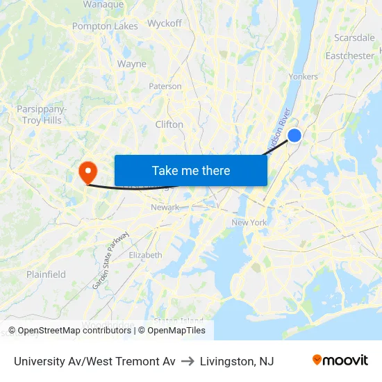 University Av/West Tremont Av to Livingston, NJ map