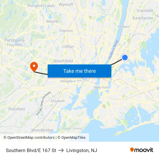 Southern Blvd/E 167 St to Livingston, NJ map