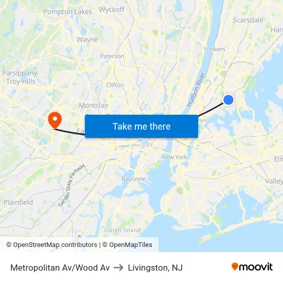 Metropolitan Av/Wood Av to Livingston, NJ map