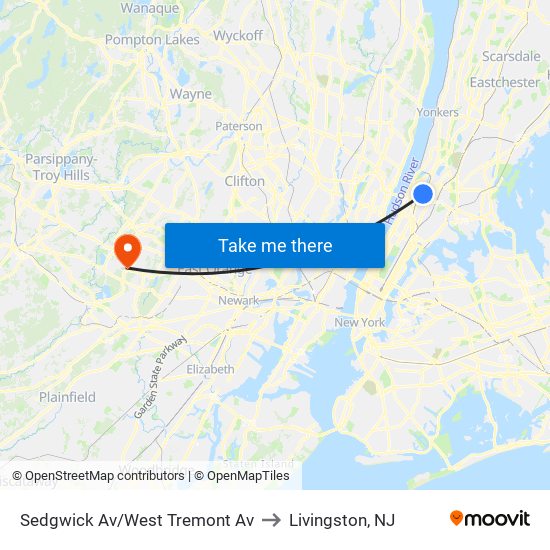Sedgwick Av/West Tremont Av to Livingston, NJ map