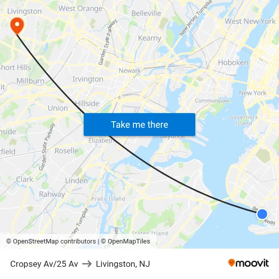 Cropsey Av/25 Av to Livingston, NJ map