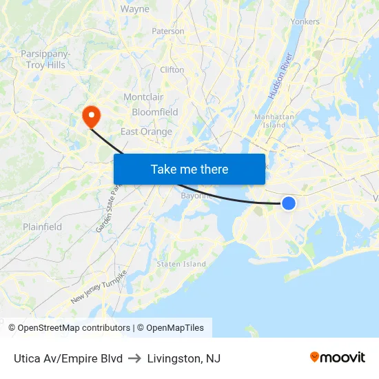 Utica Av/Empire Blvd to Livingston, NJ map