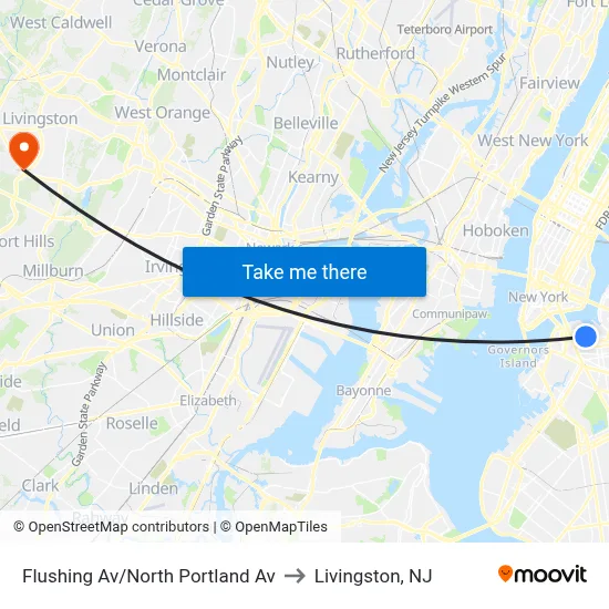 Flushing Av/North Portland Av to Livingston, NJ map