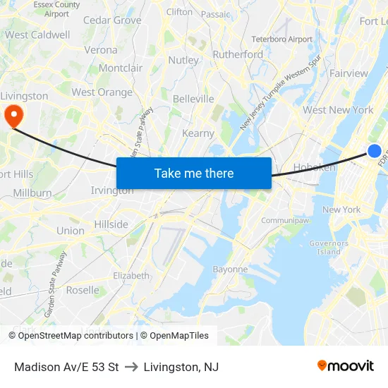 Madison Av/E 53 St to Livingston, NJ map