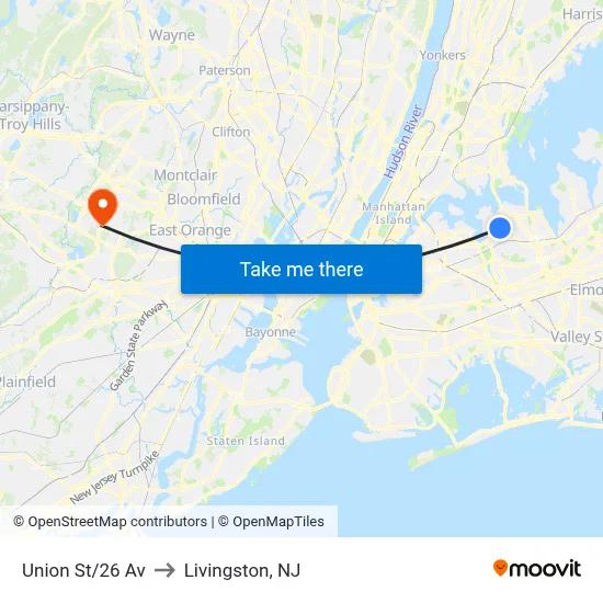 Union St/26 Av to Livingston, NJ map