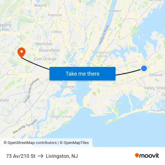 73 Av/210 St to Livingston, NJ map