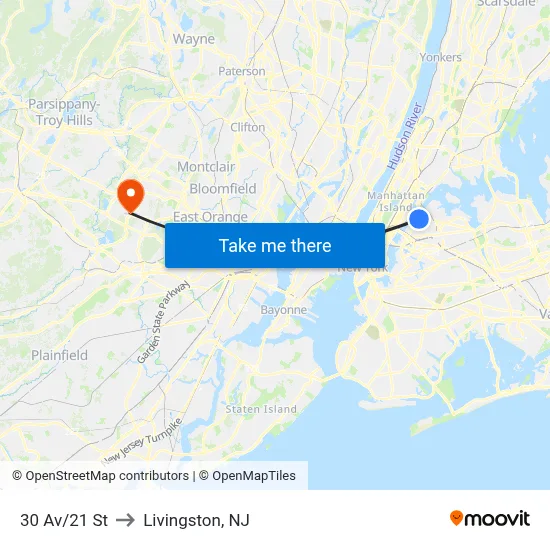 30 Av/21 St to Livingston, NJ map
