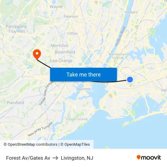 Forest Av/Gates Av to Livingston, NJ map