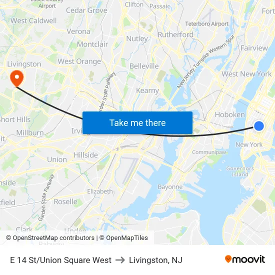 E 14 St/Union Square West to Livingston, NJ map