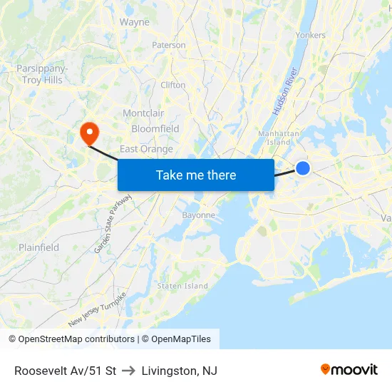 Roosevelt Av/51 St to Livingston, NJ map