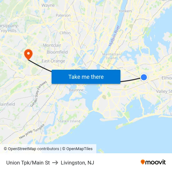 Union Tpk/Main St to Livingston, NJ map