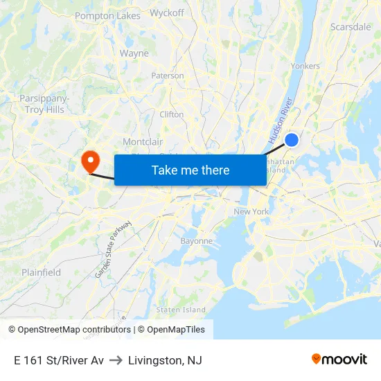 E 161 St/River Av to Livingston, NJ map