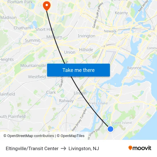 Eltingville/Transit Center to Livingston, NJ map