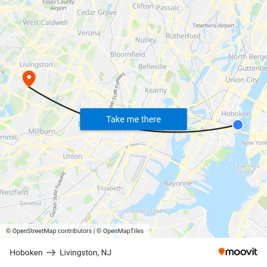 Hoboken to Livingston, NJ map