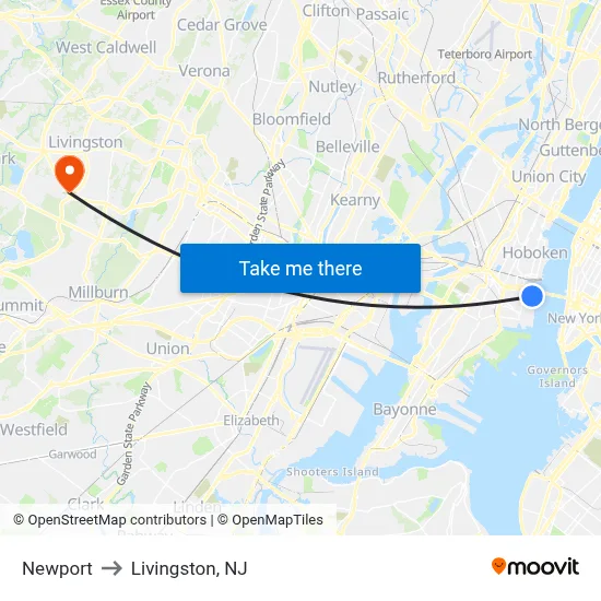 Newport to Livingston, NJ map