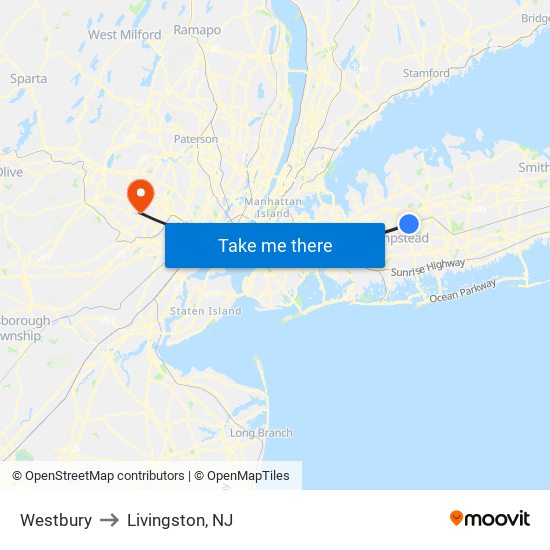 Westbury to Livingston, NJ map