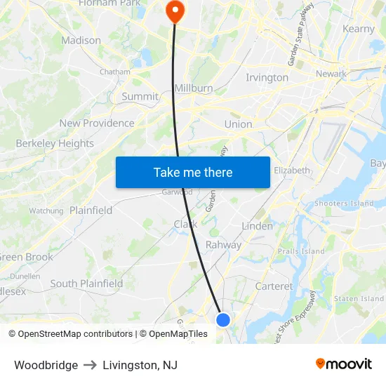 Woodbridge to Livingston, NJ map