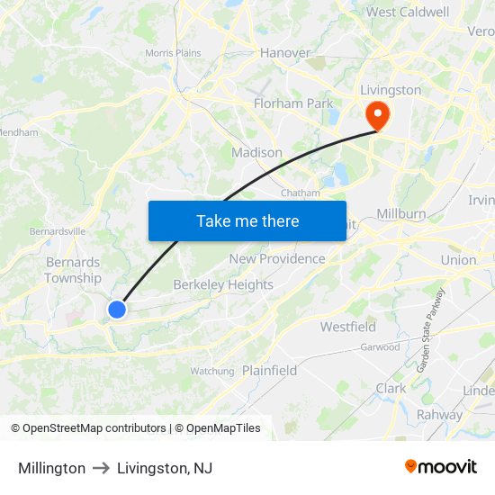 Millington to Livingston, NJ map