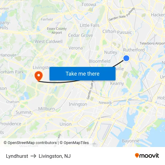Lyndhurst to Livingston, NJ map