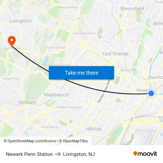 Newark Penn Station to Livingston, NJ map