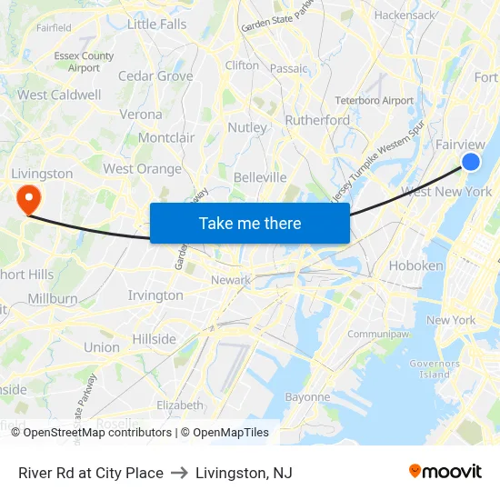 River Rd at City Place to Livingston, NJ map