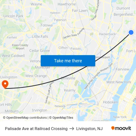 Palisade Ave at Railroad Crossing to Livingston, NJ map