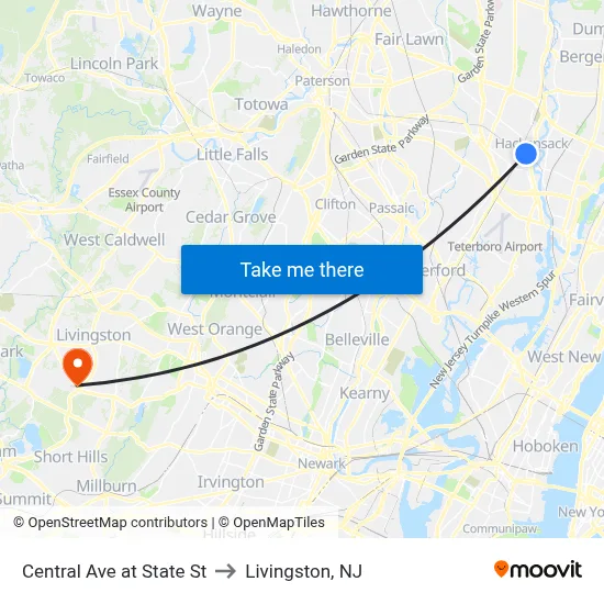 Central Ave at State St to Livingston, NJ map