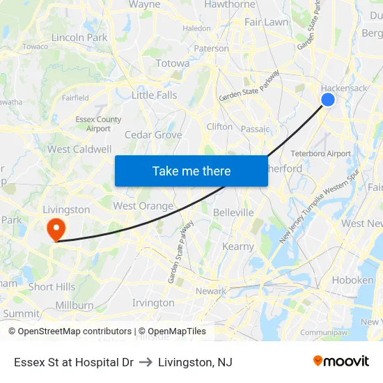 Essex St at Hospital Dr to Livingston, NJ map