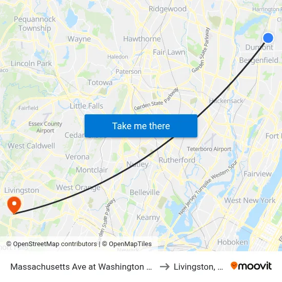 Massachusetts Ave at Washington Ave to Livingston, NJ map