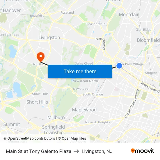 Main St at Tony Galento Plaza to Livingston, NJ map
