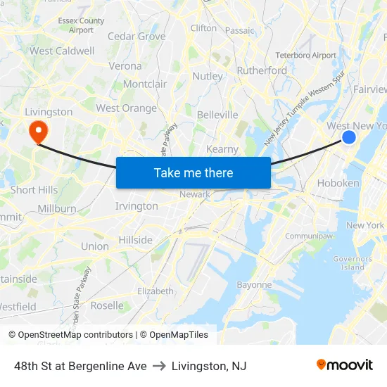 48th St at Bergenline Ave to Livingston, NJ map
