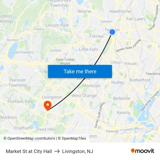 Market St at City Hall to Livingston, NJ map