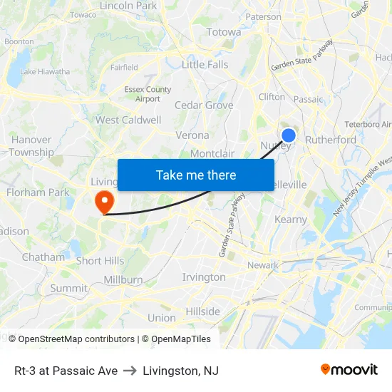 Rt-3 at Passaic Ave to Livingston, NJ map