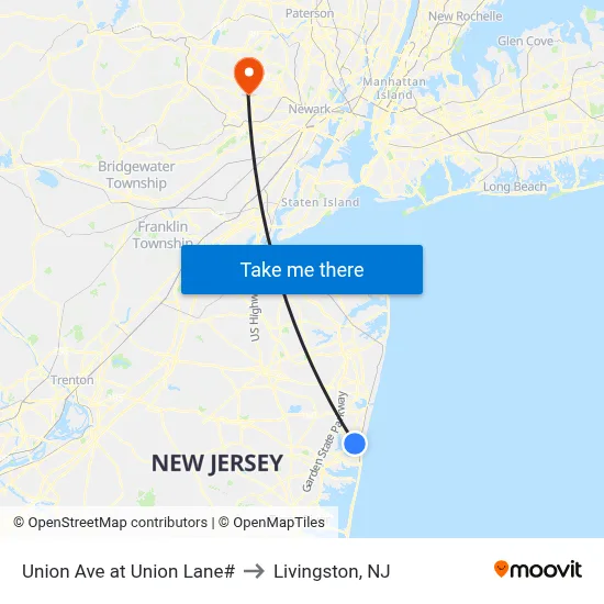 Union Ave at Union Lane# to Livingston, NJ map