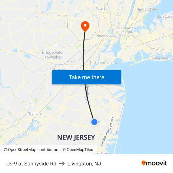 Us-9 at Sunnyside Rd to Livingston, NJ map